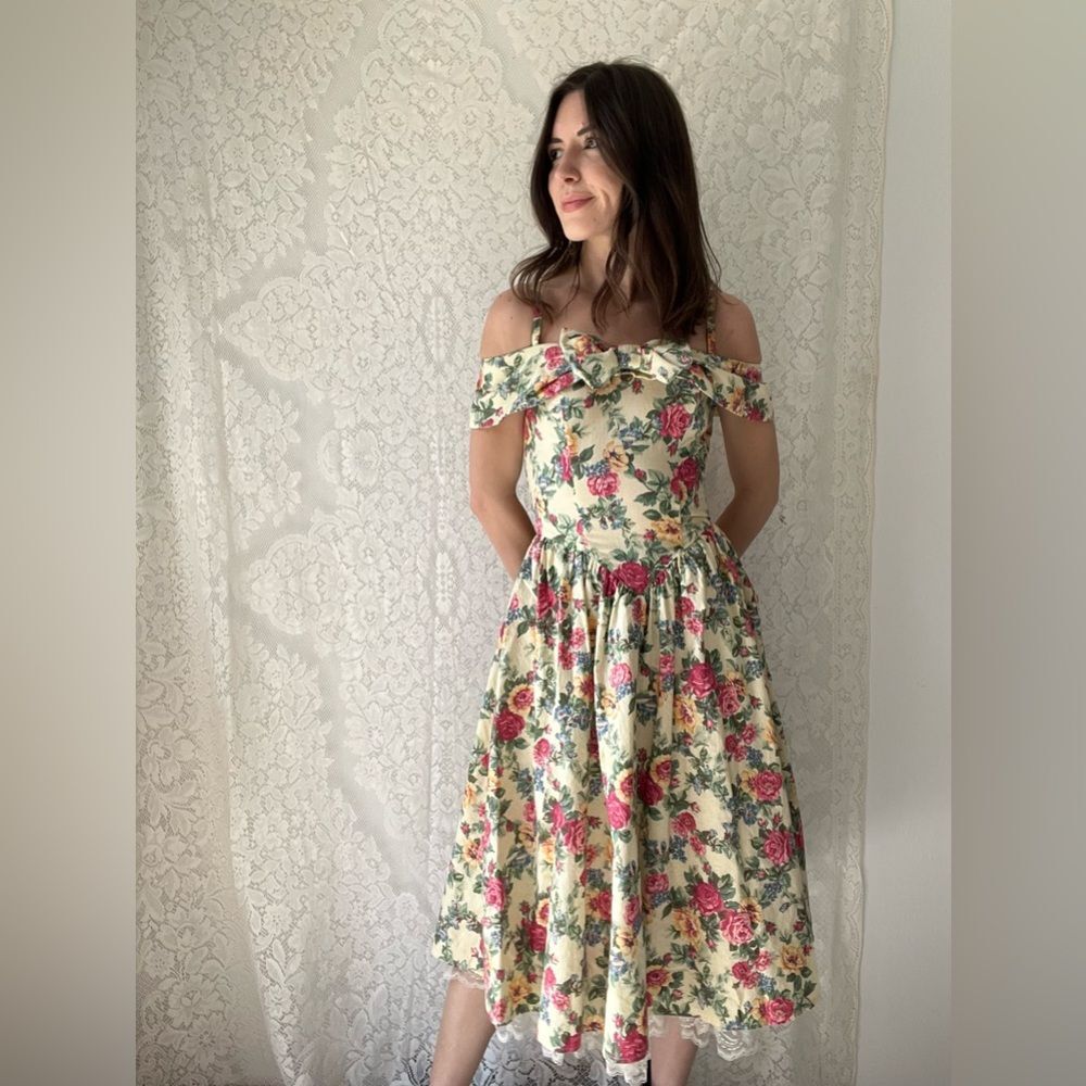 Vintage 80s All That Jazz Drop Waist Floral Dress Corset Style & Lace Ruffle - Picture 7 of 16